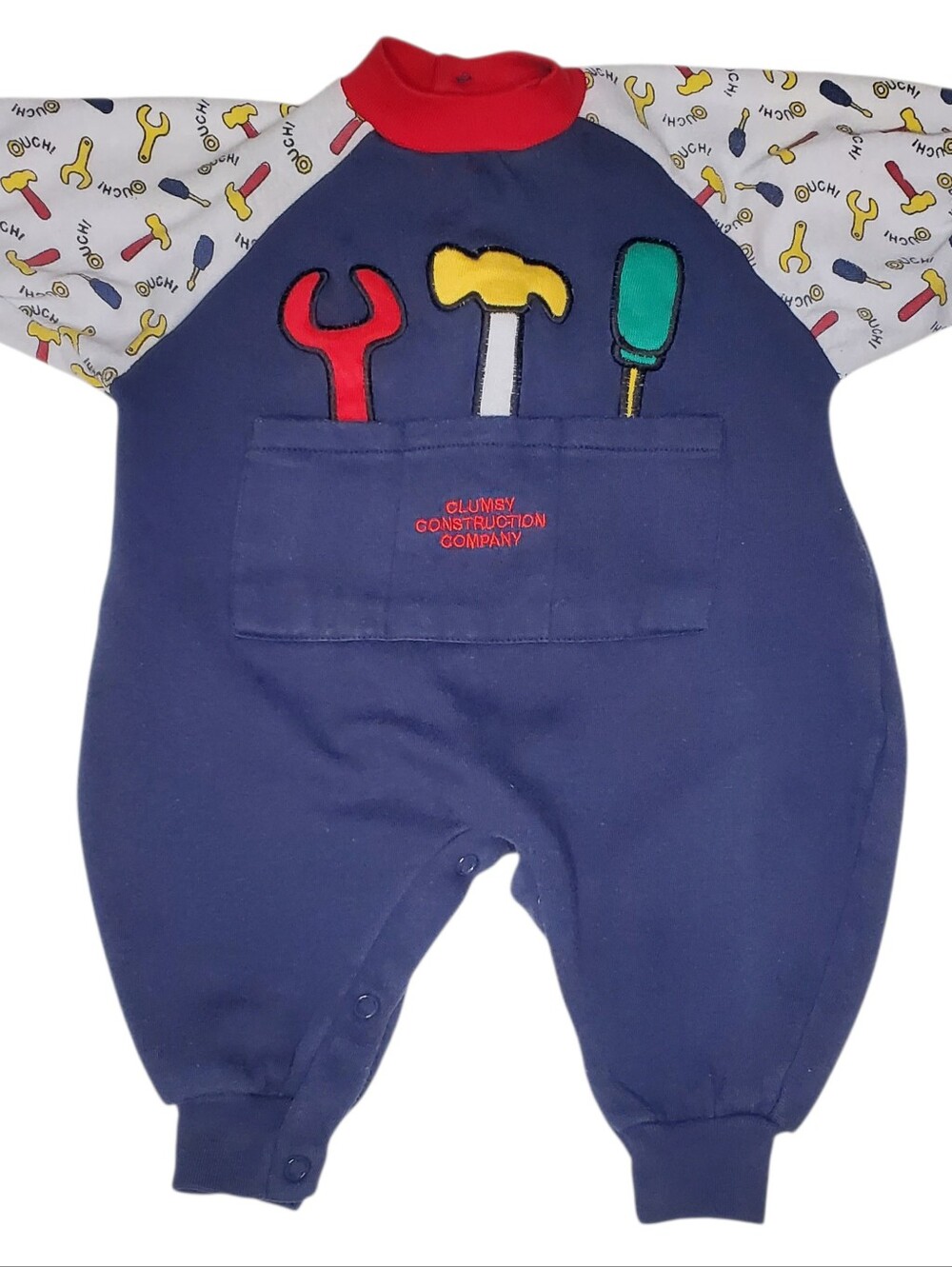 Vintage Clumsy Construction Company Baby Romper Tool Print Blue Red 3-6M
